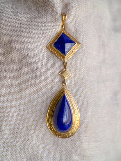 Vintage Lapis Lazuli Pendant, 14k Gold, Pear and Square Drop Pendant, 1970s Blue Pendant