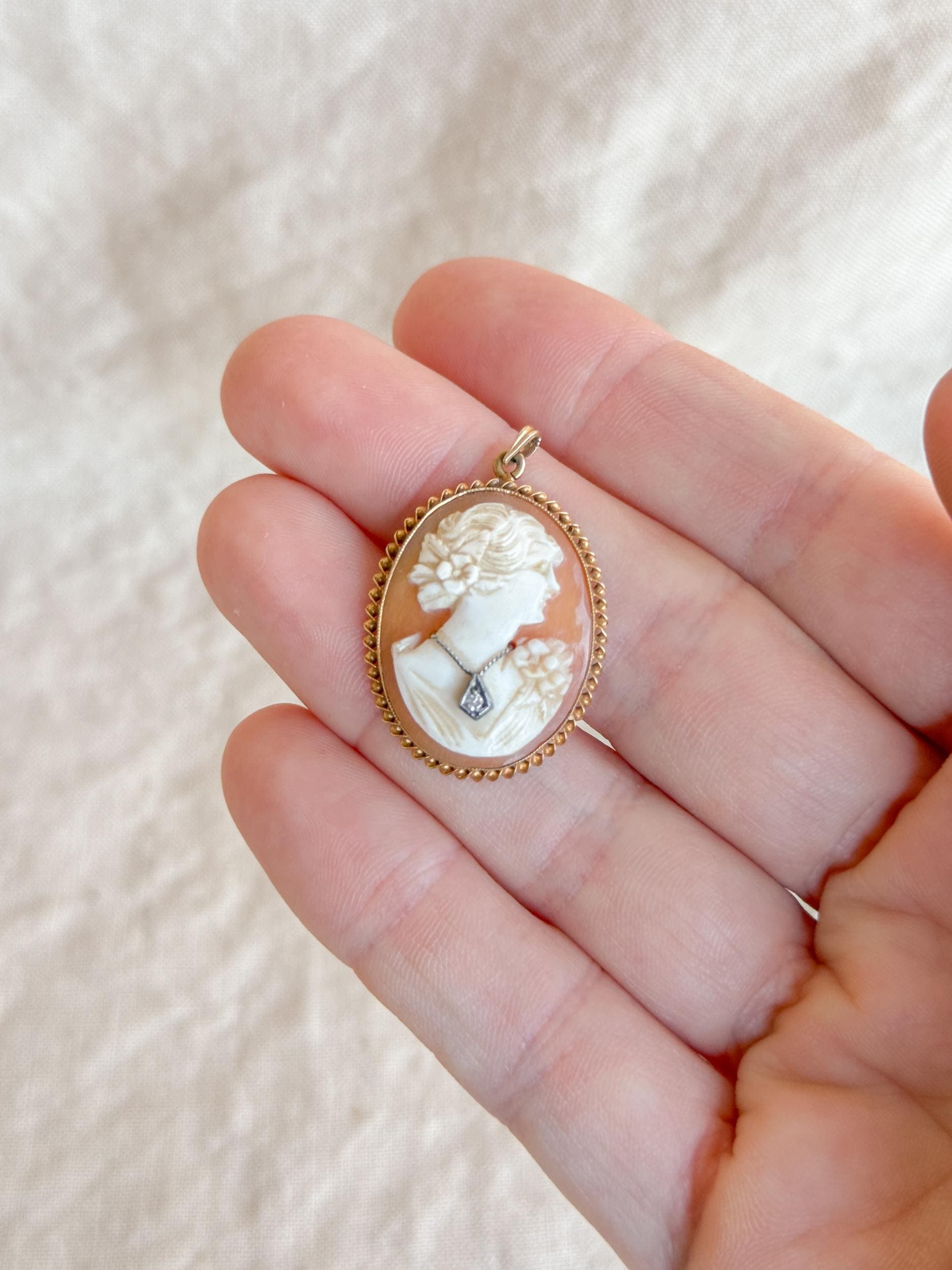 Vintage 1930s Cameo and Diamond Pendant in 14k Gold