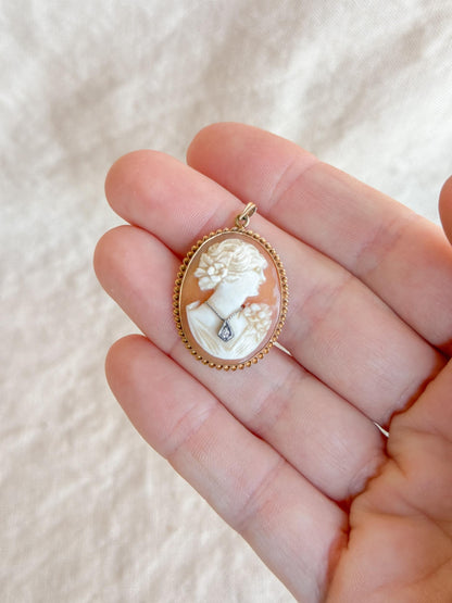 Vintage 1930s Cameo and Diamond Pendant in 14k Gold