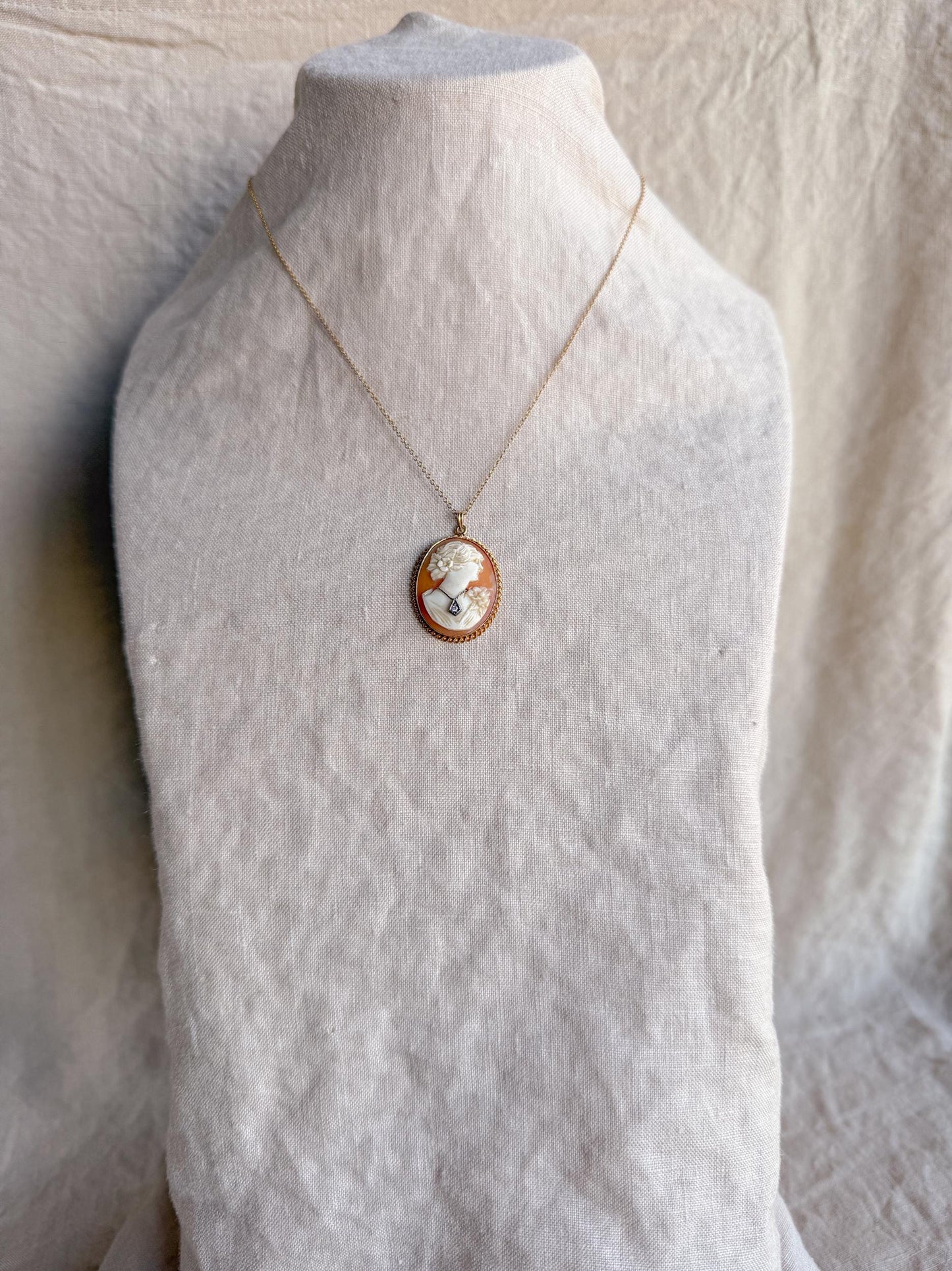Vintage 1930s Cameo and Diamond Pendant in 14k Gold