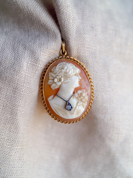 Vintage 1930s Cameo and Diamond Pendant in 14k Gold