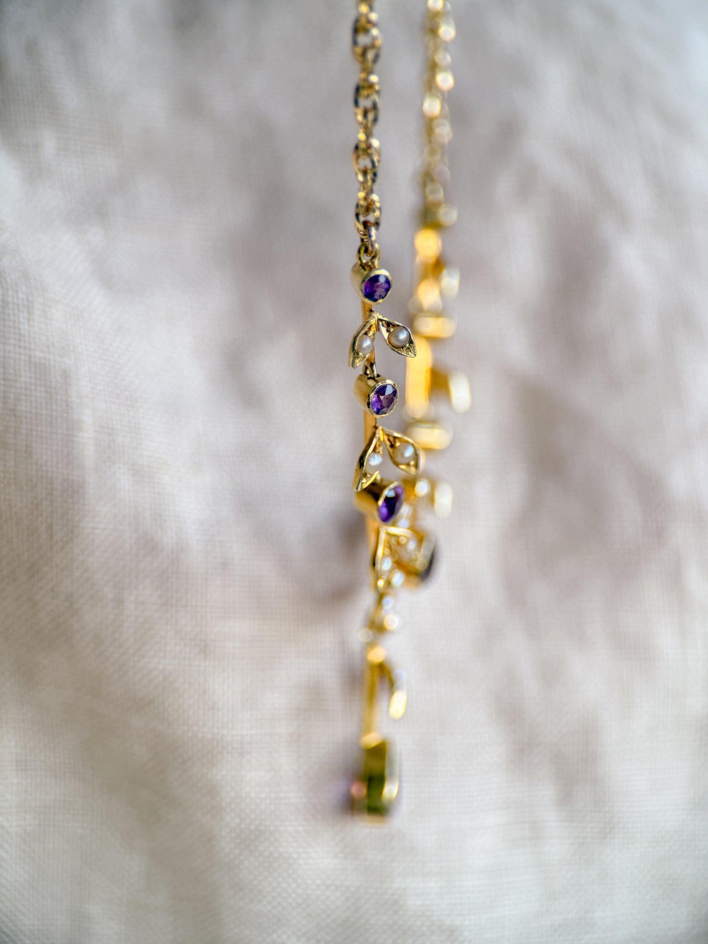 Vintage 1970s Floral Amethyst & Pearl Pendant Necklace, 14k Gold