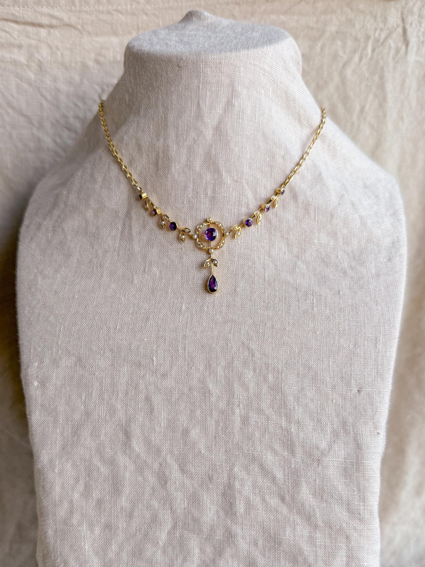Vintage 1970s Floral Amethyst & Pearl Pendant Necklace, 14k Gold