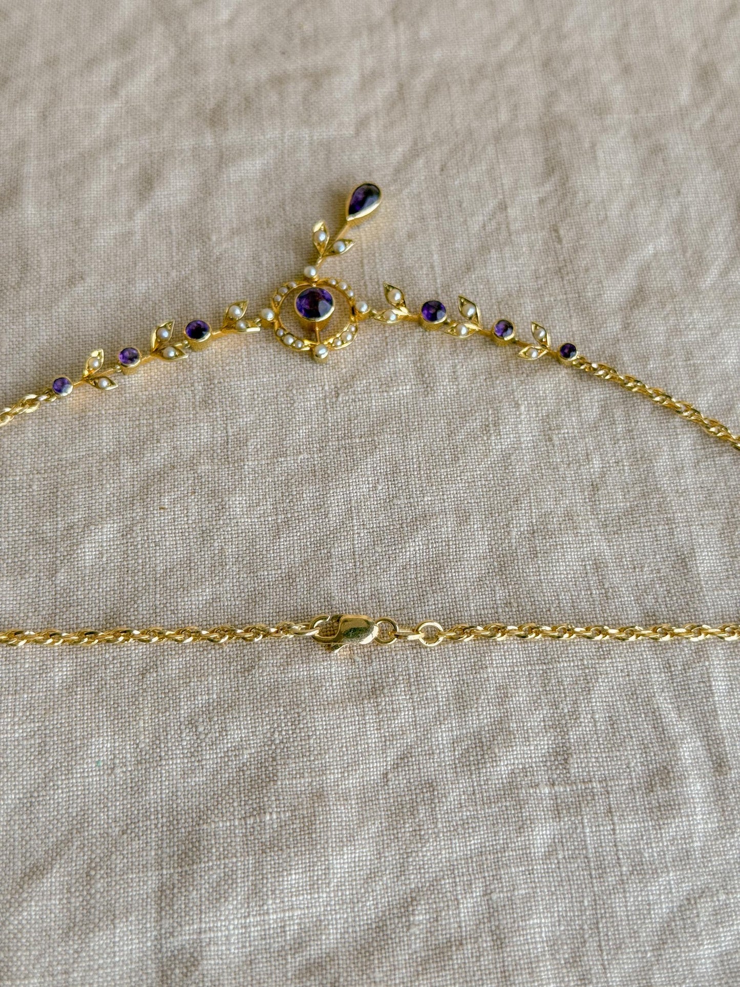 Vintage 1970s Floral Amethyst & Pearl Pendant Necklace, 14k Gold