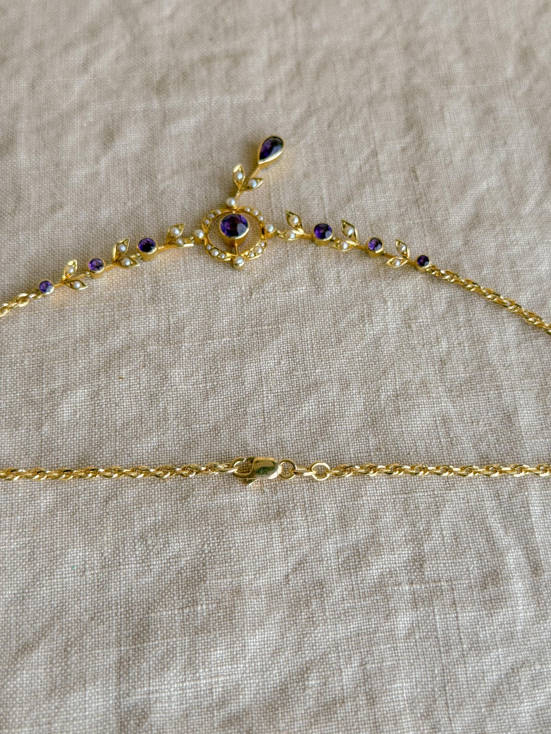 Vintage 1970s Floral Amethyst & Pearl Pendant Necklace, 14k Gold