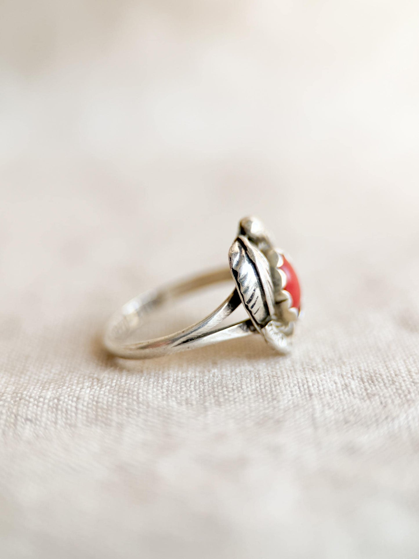 Vintage Sterling Silver Coral Leaf Ring, Boho Statement Jewelry
