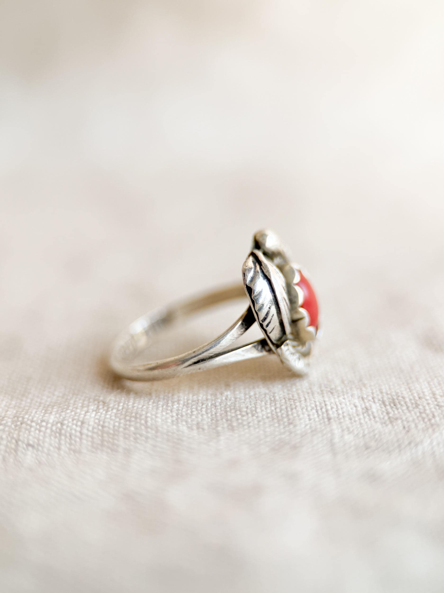 Vintage Sterling Silver Coral Leaf Ring, Boho Statement Jewelry