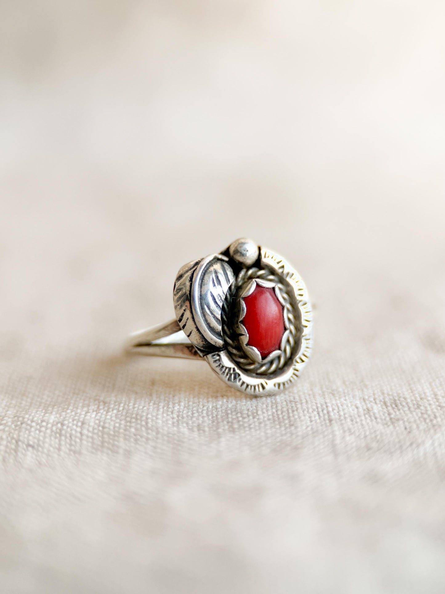 Vintage Sterling Silver Coral Leaf Ring, Boho Statement Jewelry