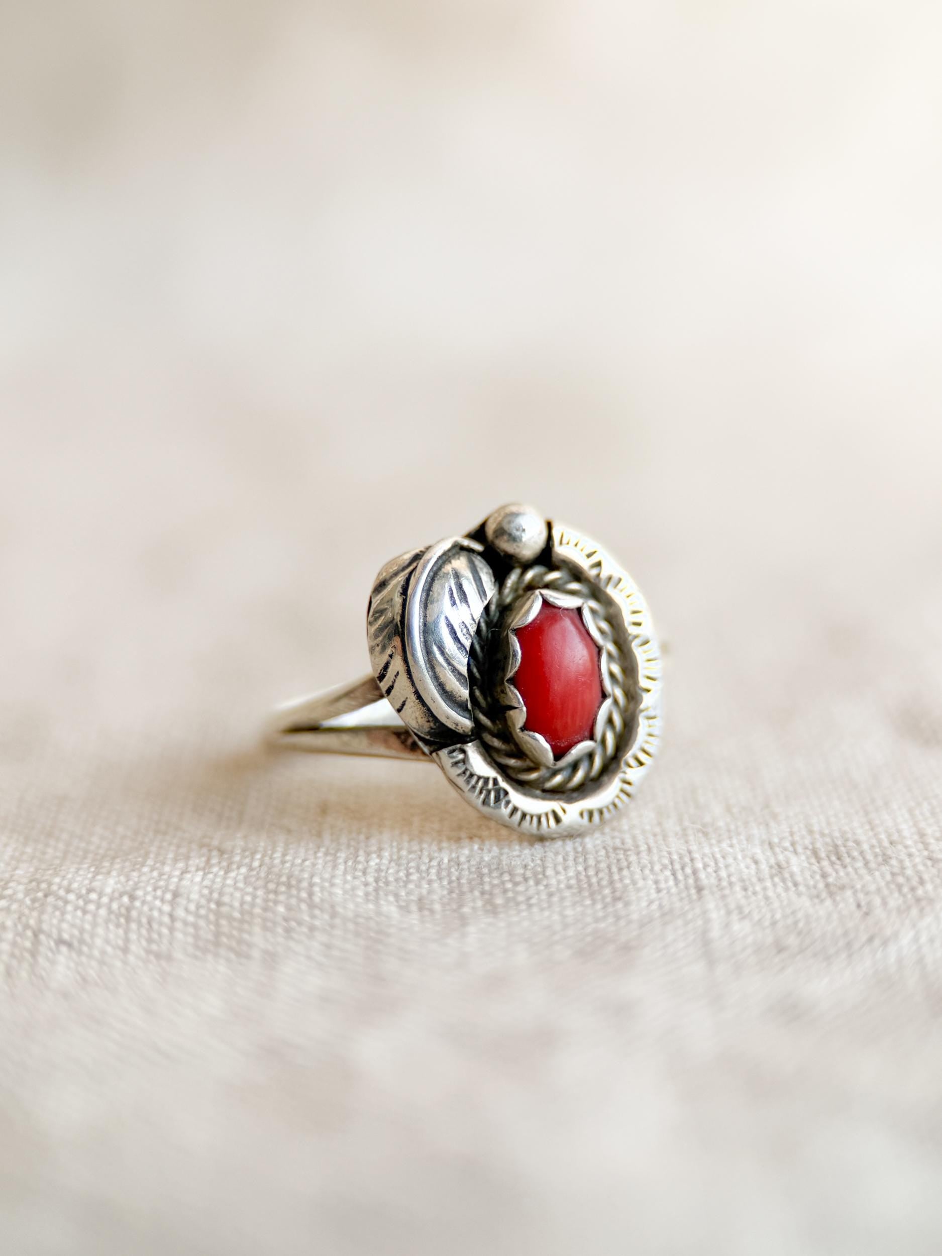 Vintage Sterling Silver Coral Leaf Ring, Boho Statement Jewelry
