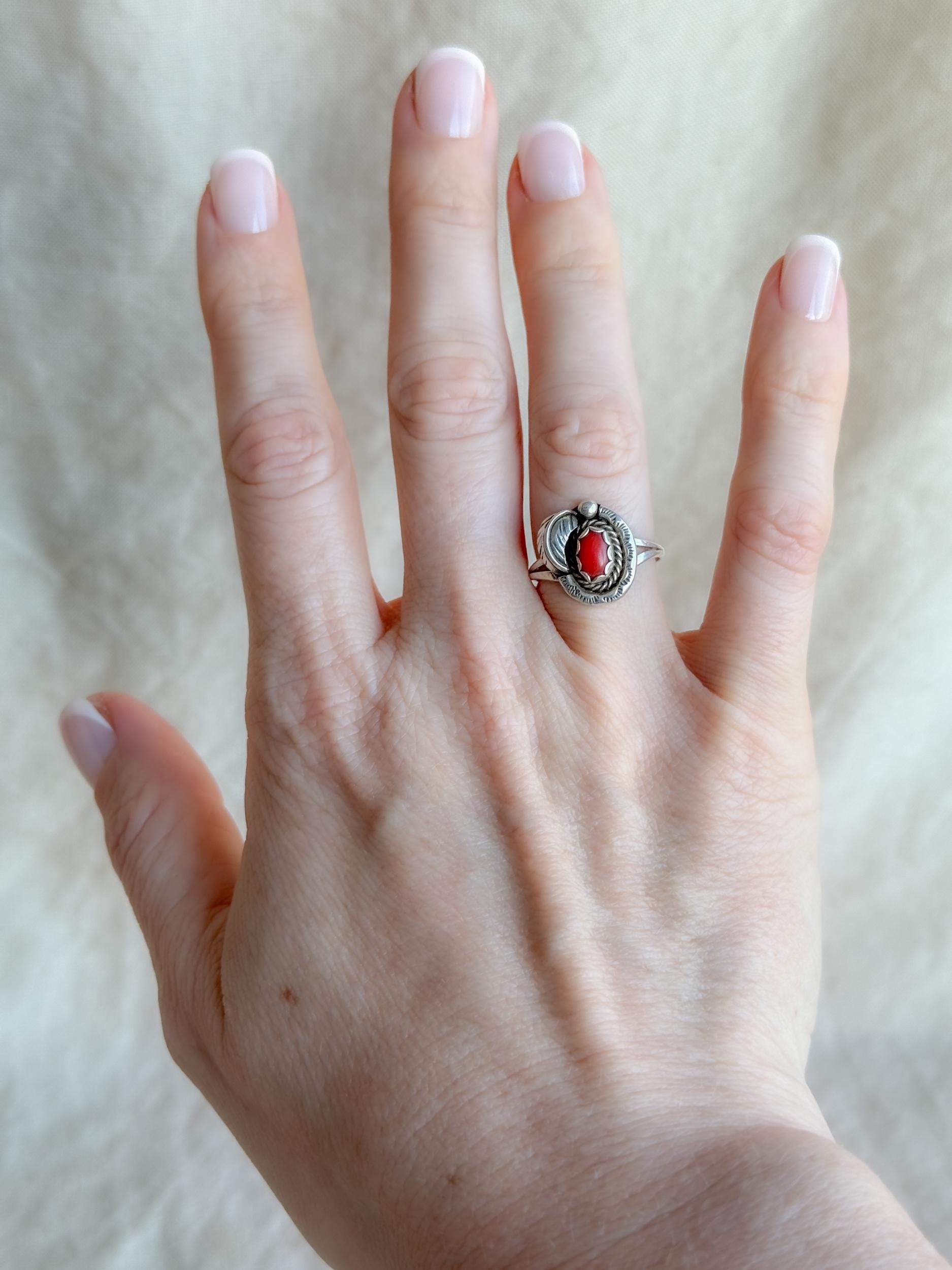 Vintage Sterling Silver Coral Leaf Ring, Boho Statement Jewelry