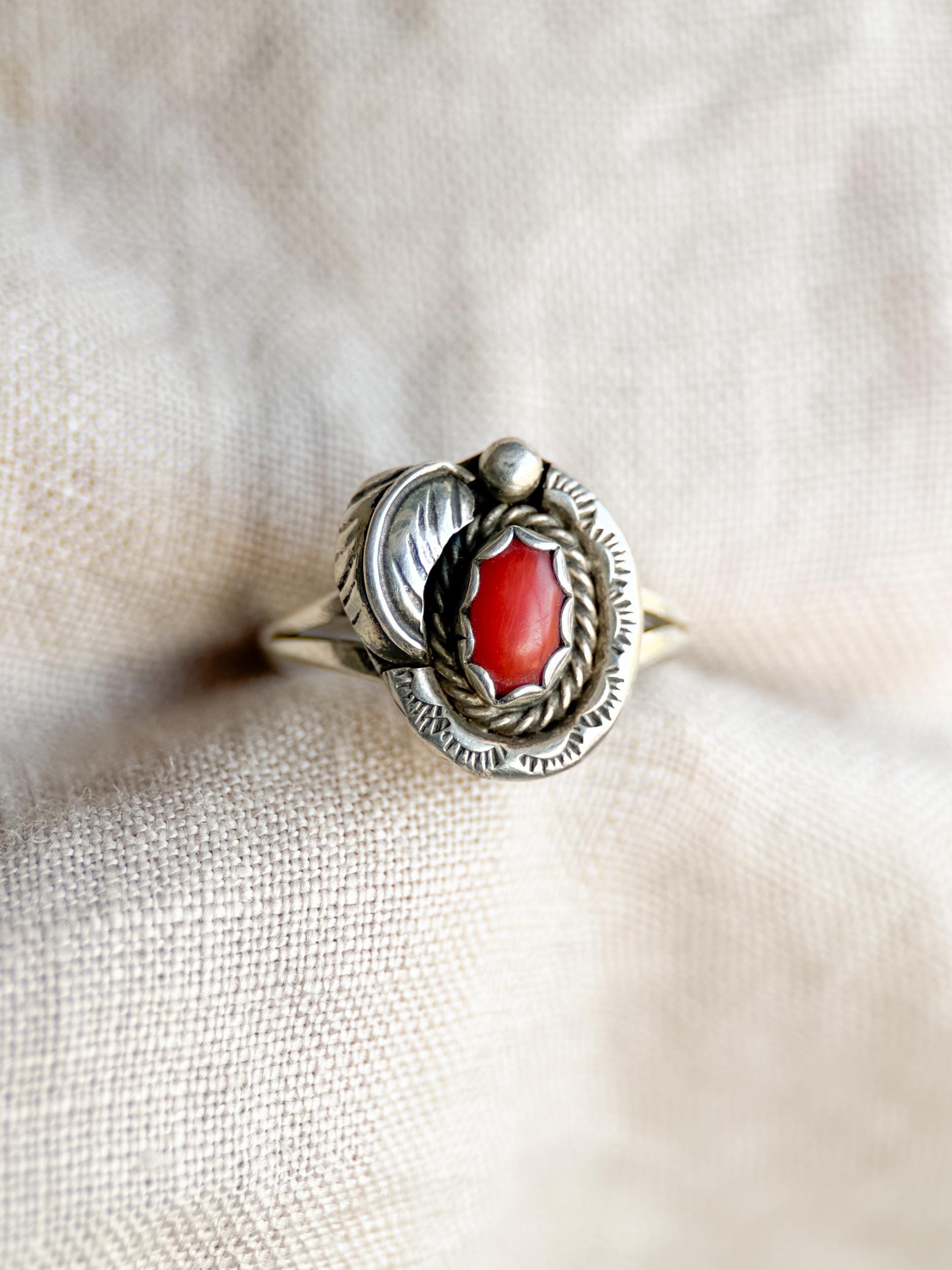 Vintage Sterling Silver Coral Leaf Ring, Boho Statement Jewelry