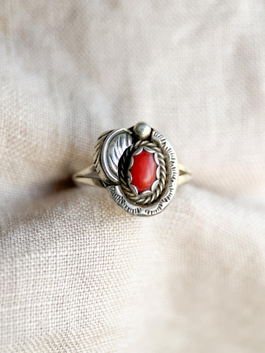 Vintage Sterling Silver Coral Leaf Ring, Boho Statement Jewelry