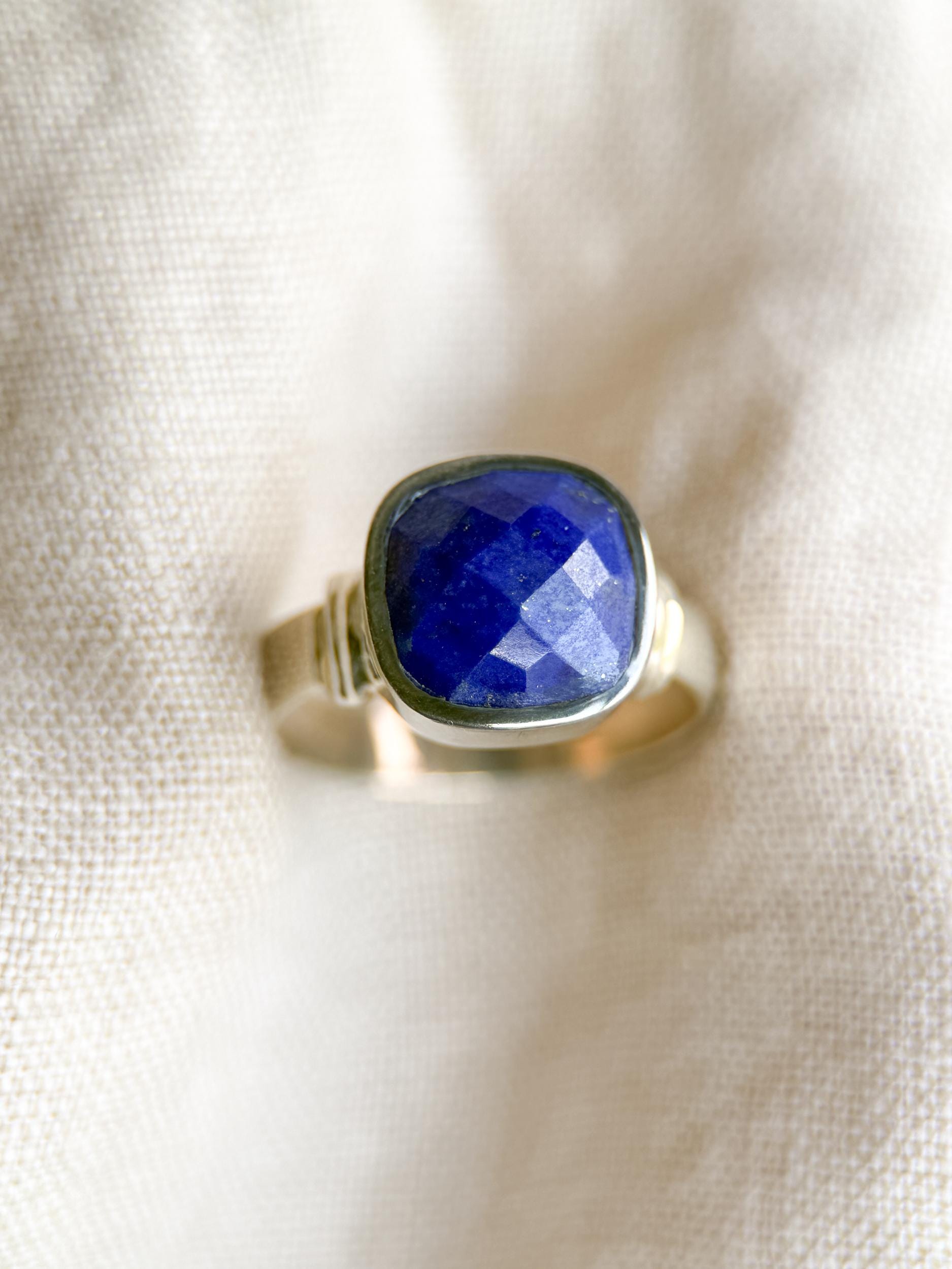 Vintage Lapis Lazuli Sterling Silver Ring, Cushion Checkerboard Statement Boho Jewelry
