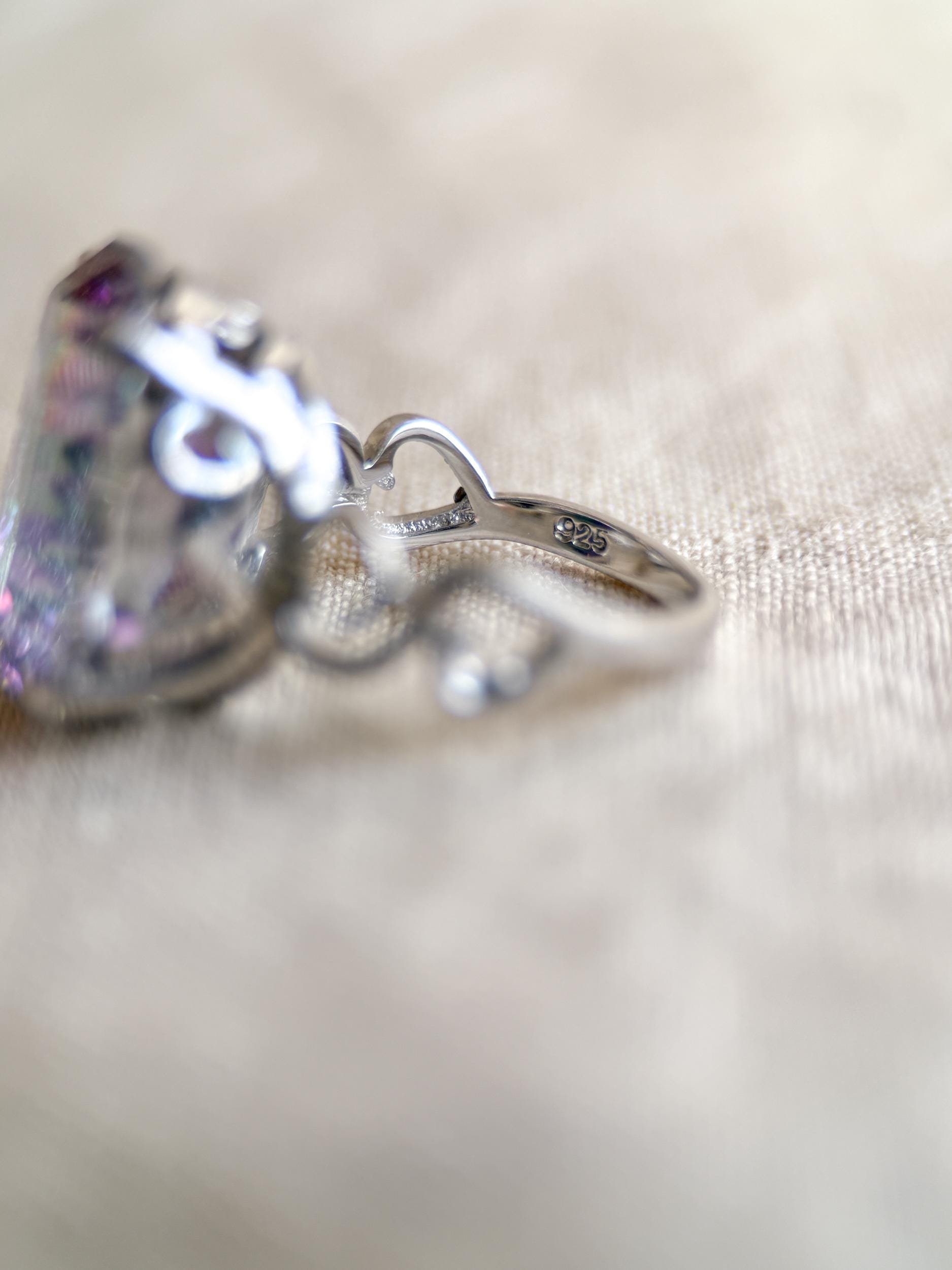Vintage Mystic Topaz Sterling Silver Ring, Rainbow Cocktail Statement Boho Jewelry