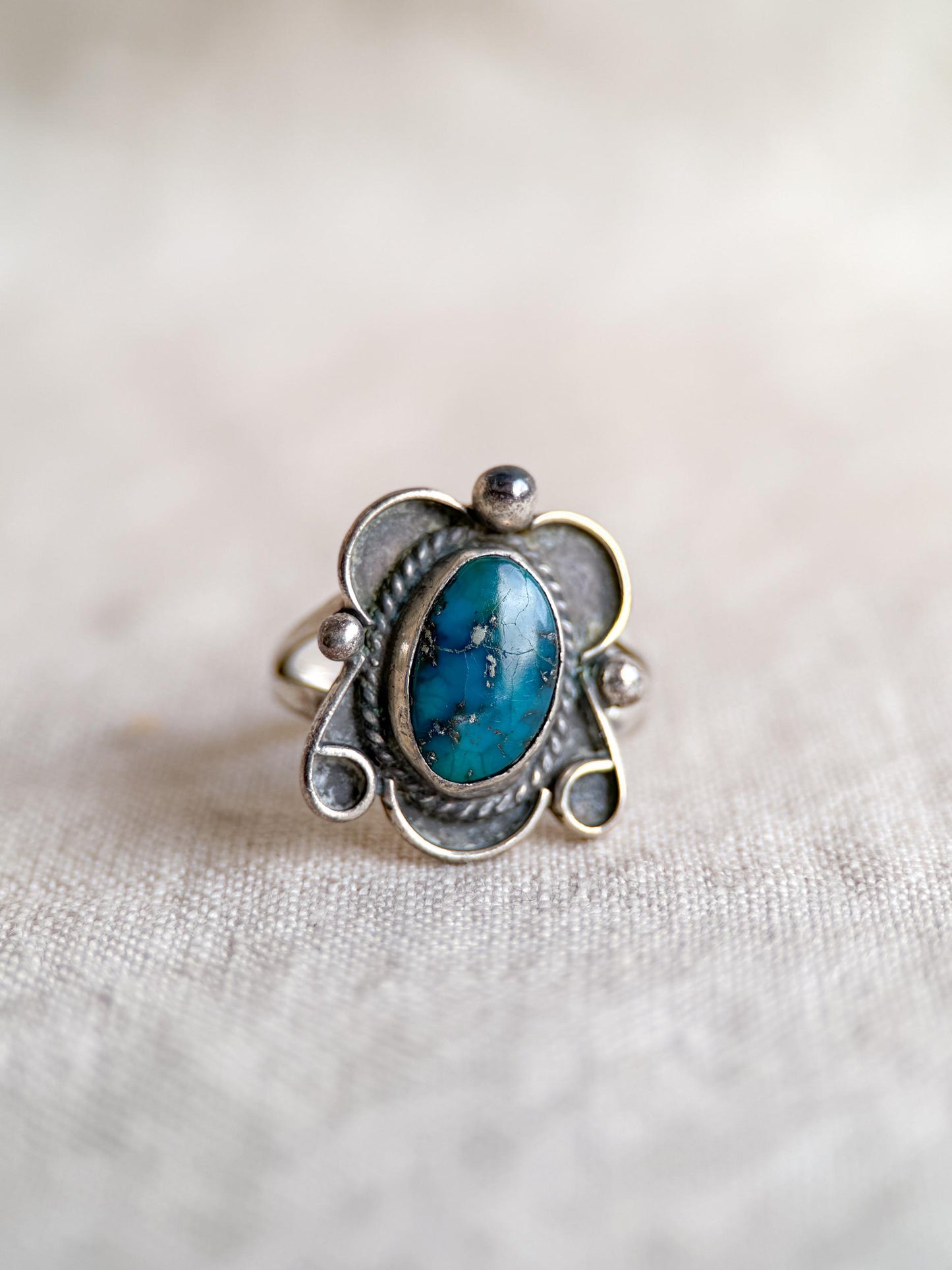 Vintage Turquoise Sterling Silver Scroll Statement Ring, Boho Jewelry