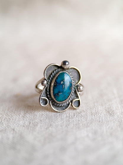 Vintage Turquoise Sterling Silver Scroll Statement Ring, Boho Jewelry