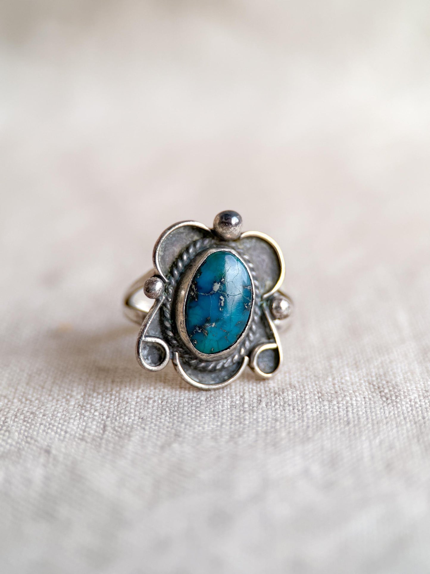 Vintage Turquoise Sterling Silver Scroll Statement Ring, Boho Jewelry
