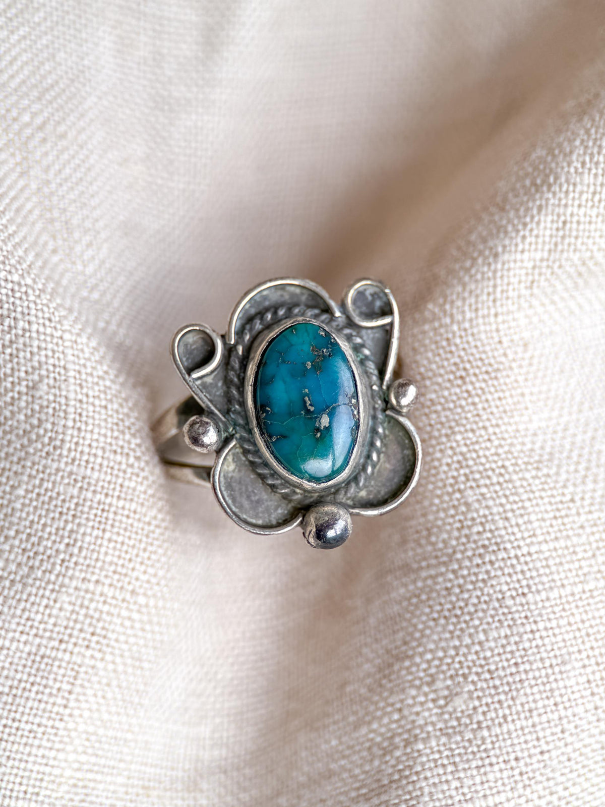 Vintage Turquoise Sterling Silver Scroll Statement Ring, Boho Jewelry