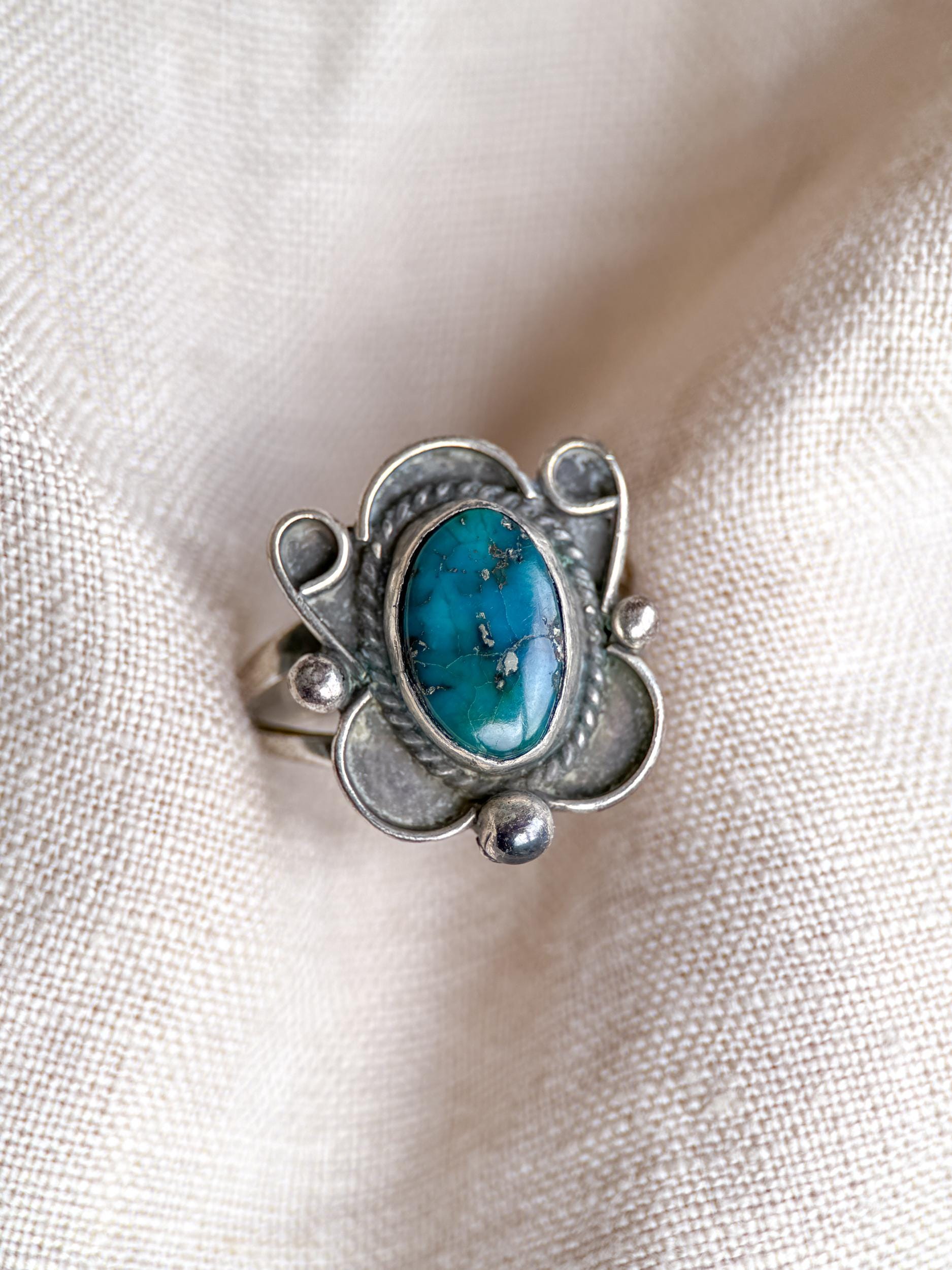 Vintage Turquoise Sterling Silver Scroll Statement Ring, Boho Jewelry