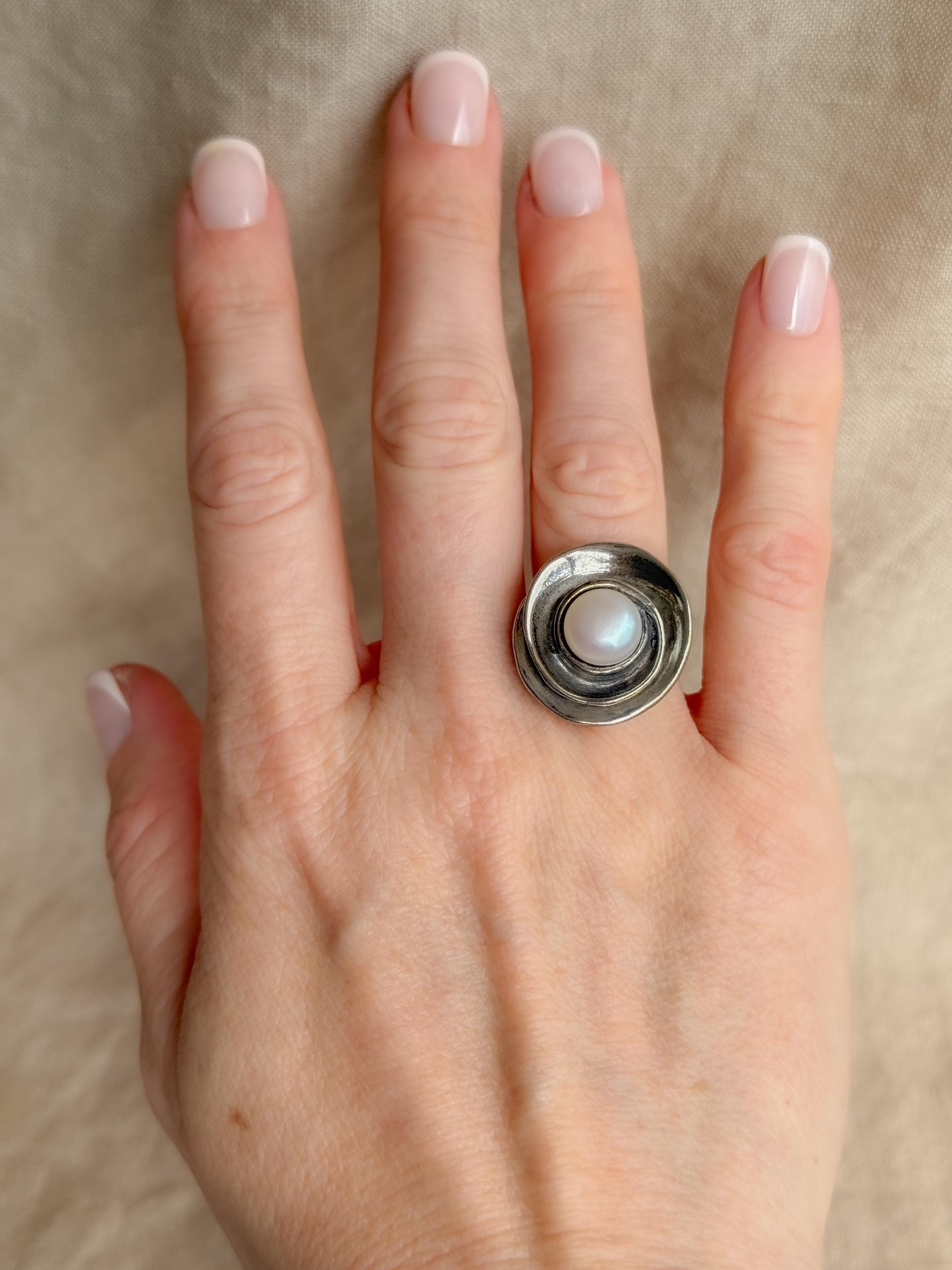 Vintage Sterling Silver Pearl Ring, Modern Disc Statement Boho Jewelry