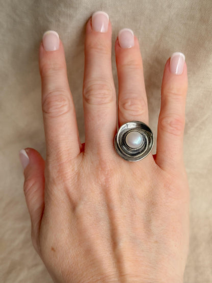 Vintage Sterling Silver Pearl Ring, Modern Disc Statement Boho Jewelry