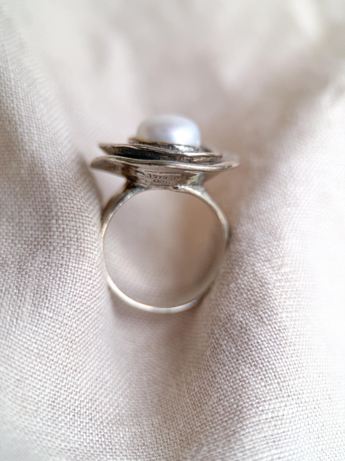 Vintage Sterling Silver Pearl Ring, Modern Disc Statement Boho Jewelry