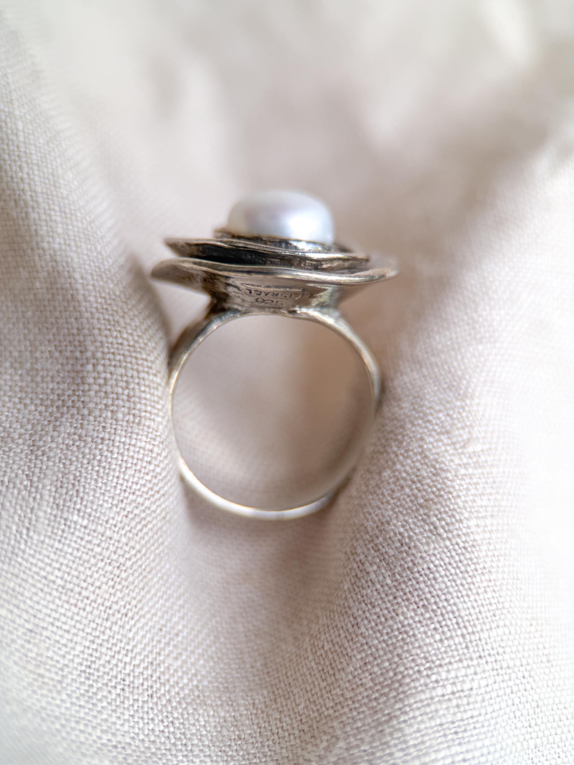 Vintage Sterling Silver Pearl Ring, Modern Disc Statement Boho Jewelry