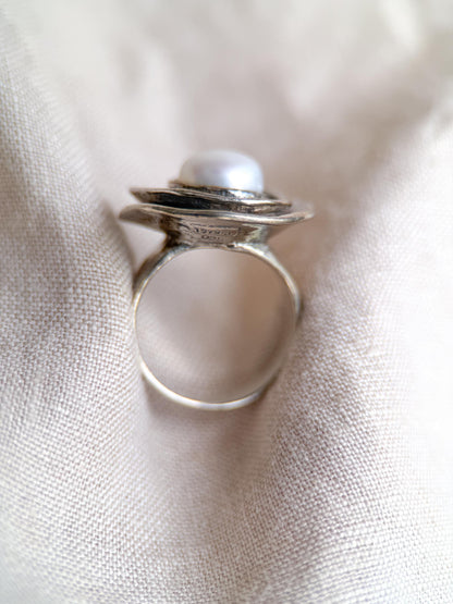 Vintage Sterling Silver Pearl Ring, Modern Disc Statement Boho Jewelry