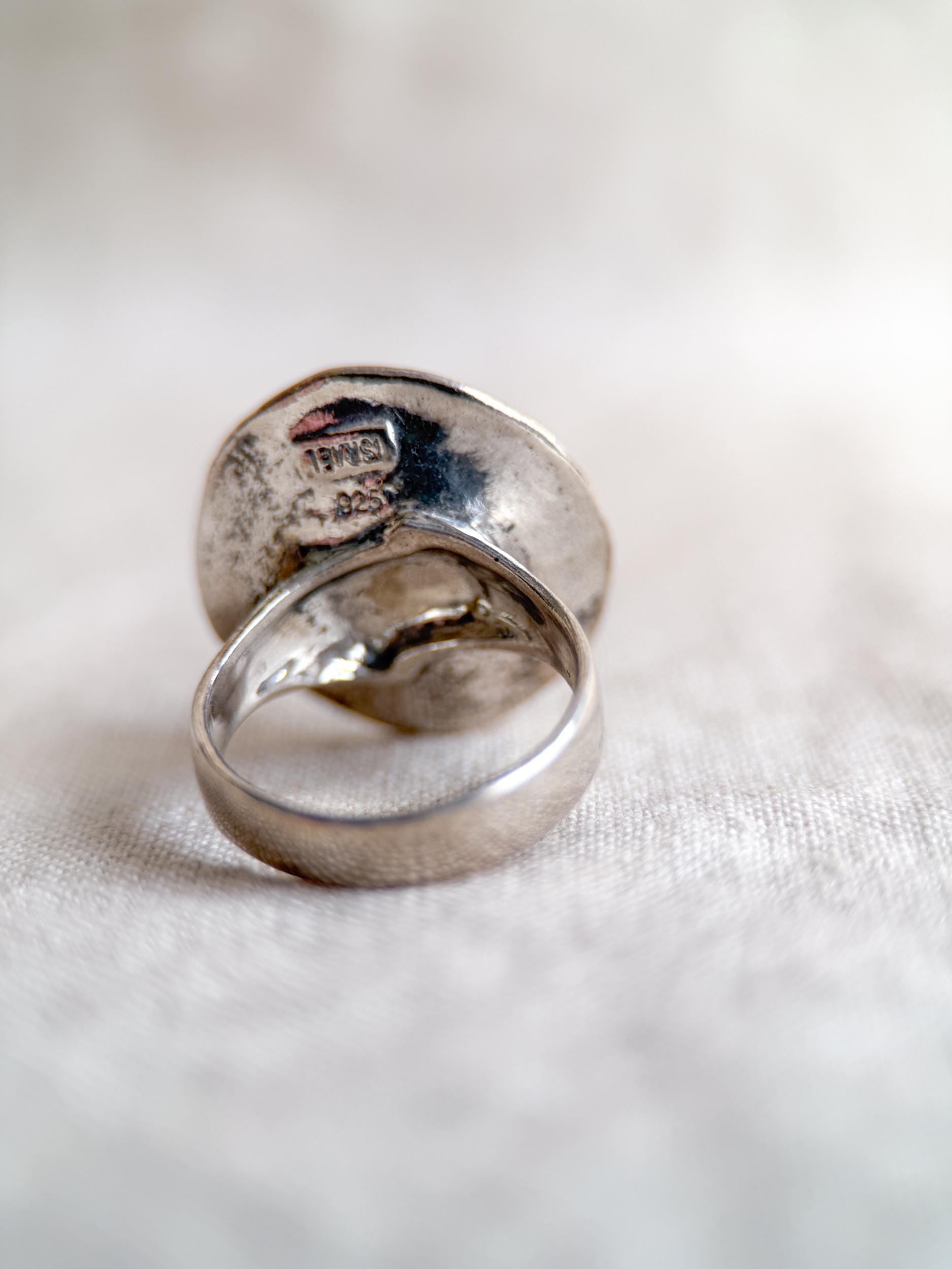 Vintage Sterling Silver Pearl Ring, Modern Disc Statement Boho Jewelry