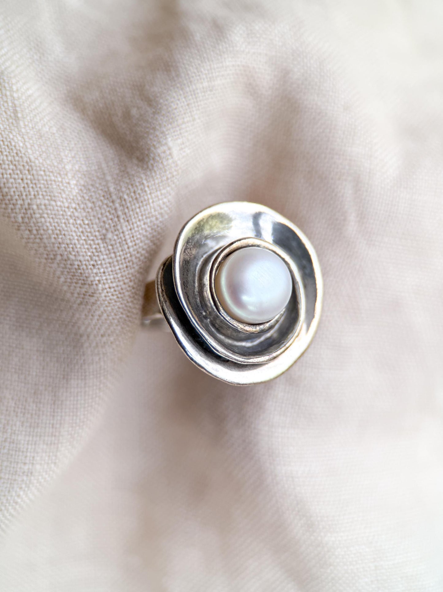 Vintage Sterling Silver Pearl Ring, Modern Disc Statement Boho Jewelry