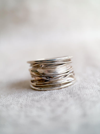 Vintage Crinkle Ring Sterling Silver, Wide Statement Band, Boho Silver Jewelry