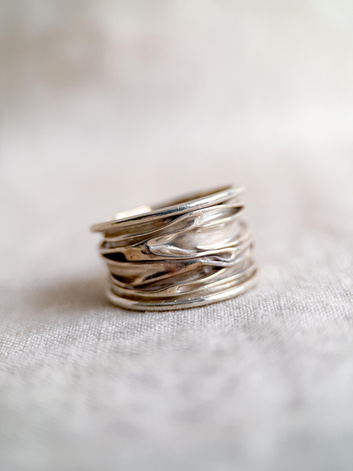 Vintage Crinkle Ring Sterling Silver, Wide Statement Band, Boho Silver Jewelry