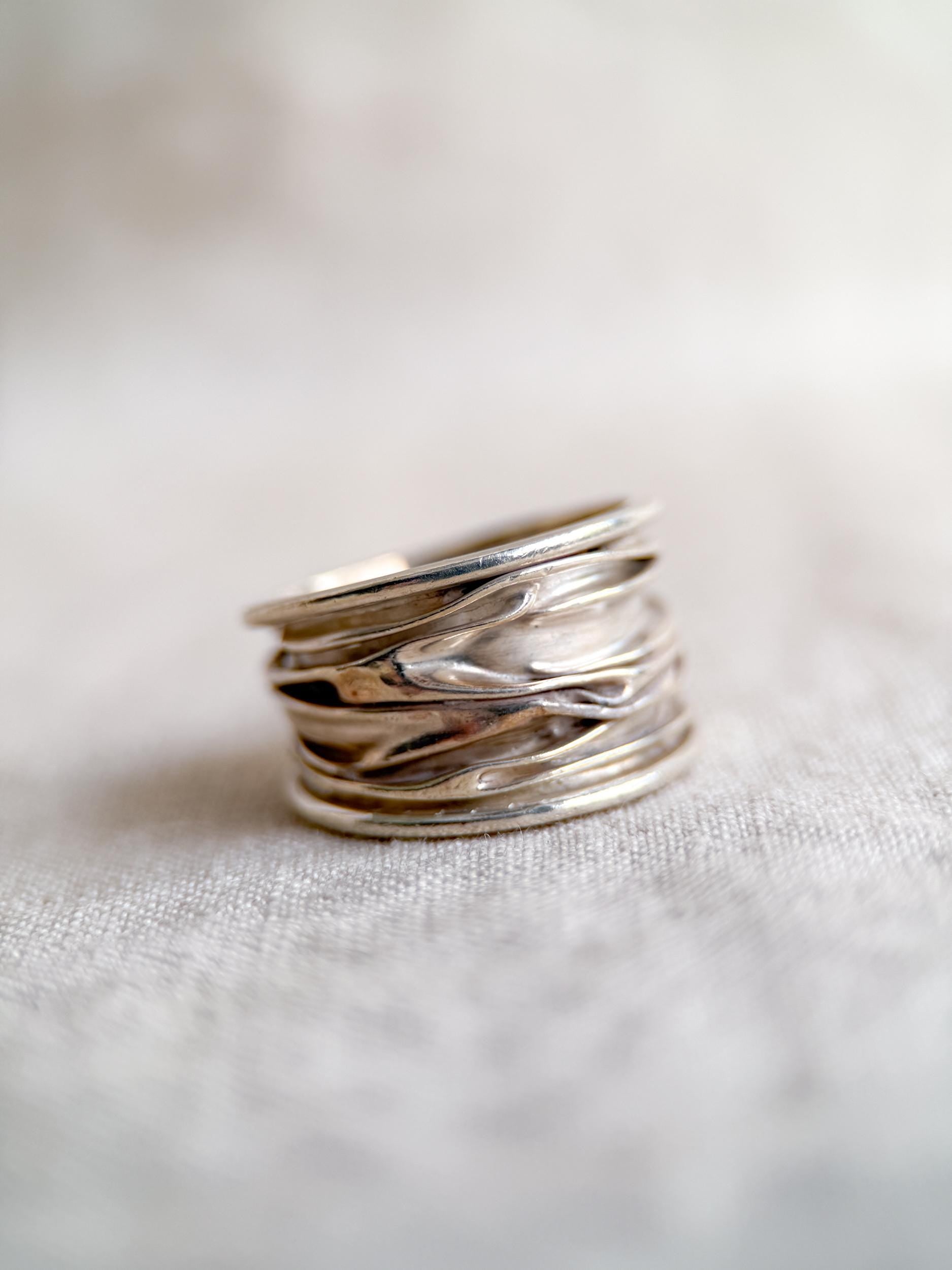 Vintage Crinkle Ring Sterling Silver, Wide Statement Band, Boho Silver Jewelry