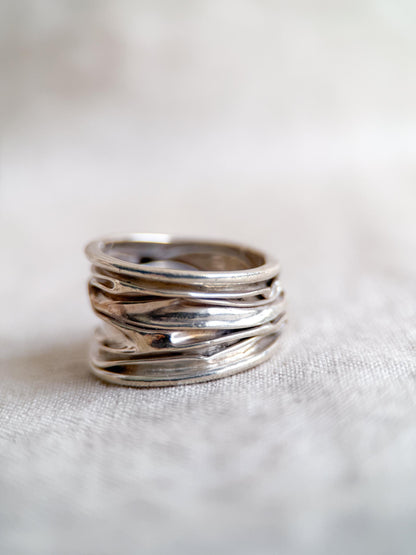Vintage Crinkle Ring Sterling Silver, Wide Statement Band, Boho Silver Jewelry