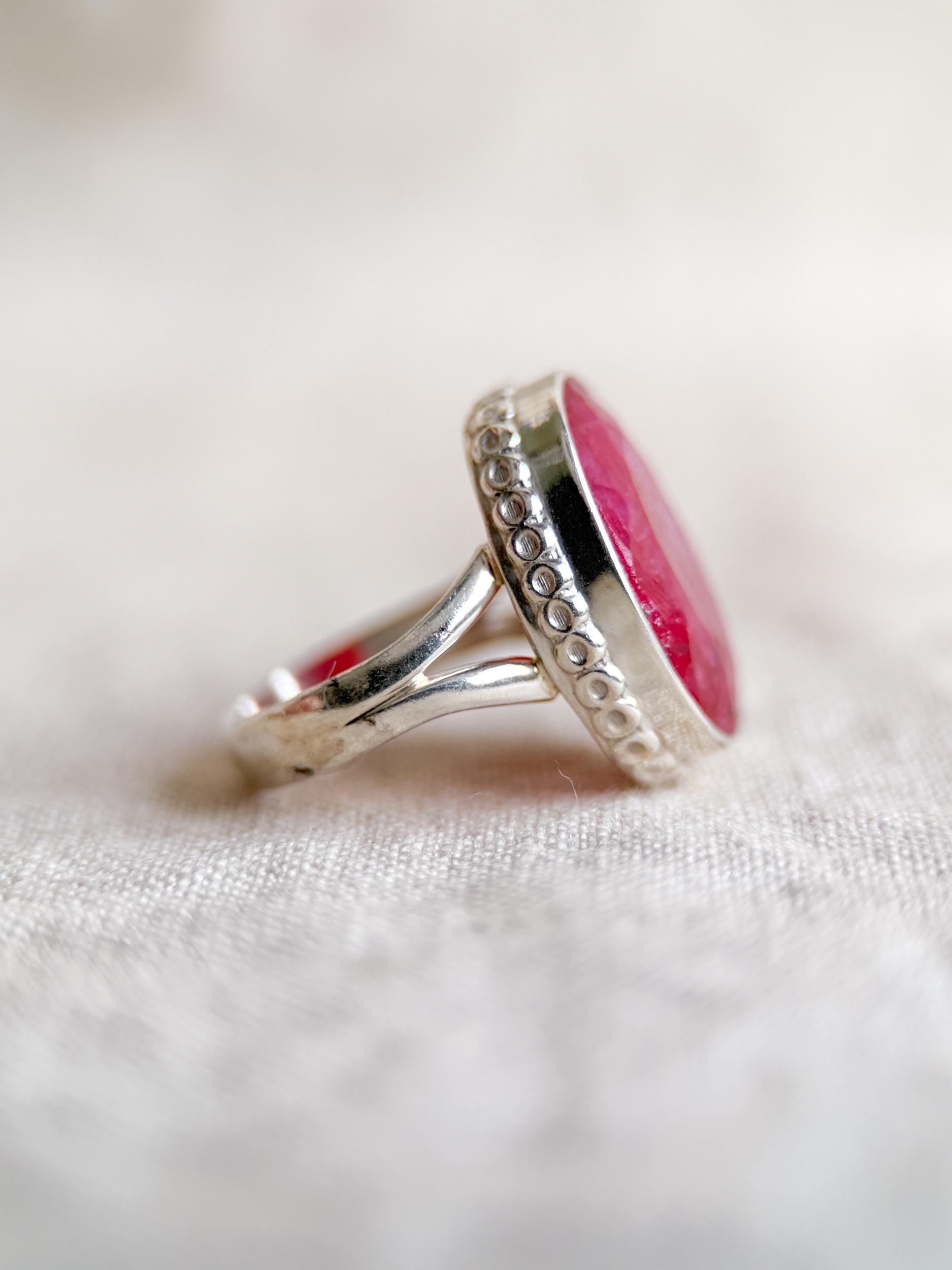 Vintage Sterling Silver Oval Ruby Statement Ring, Boho Artisan Jewelry