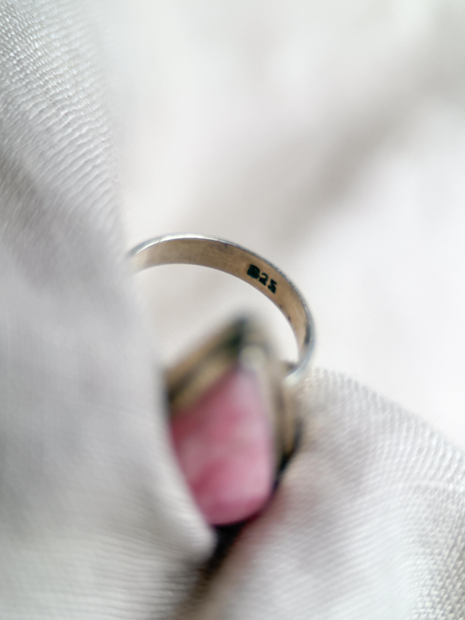 Vintage Rhodochrosite Sterling Silver Ring, Pink Triangle Statement Boho Jewelry