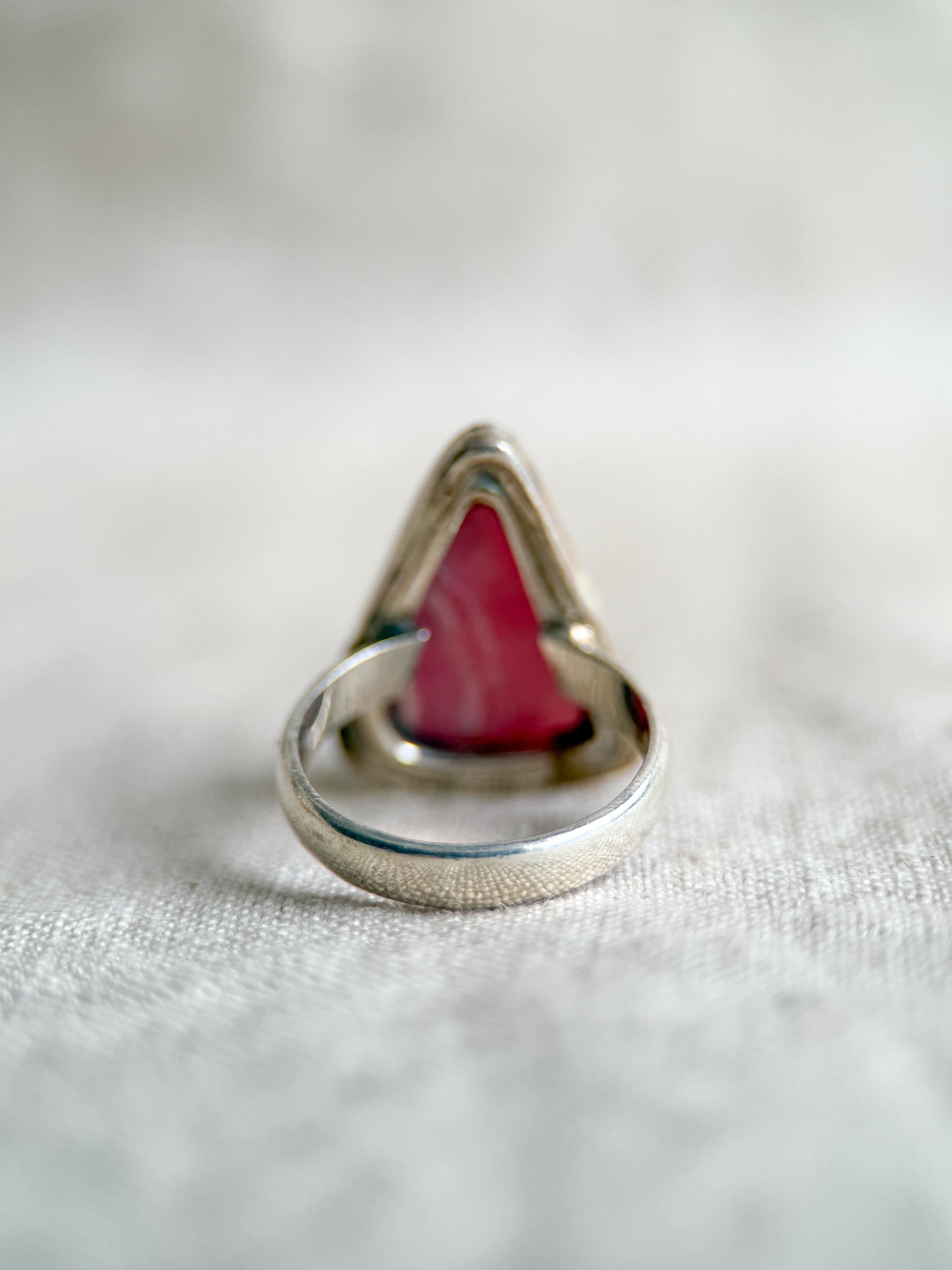 Vintage Rhodochrosite Sterling Silver Ring, Pink Triangle Statement Boho Jewelry