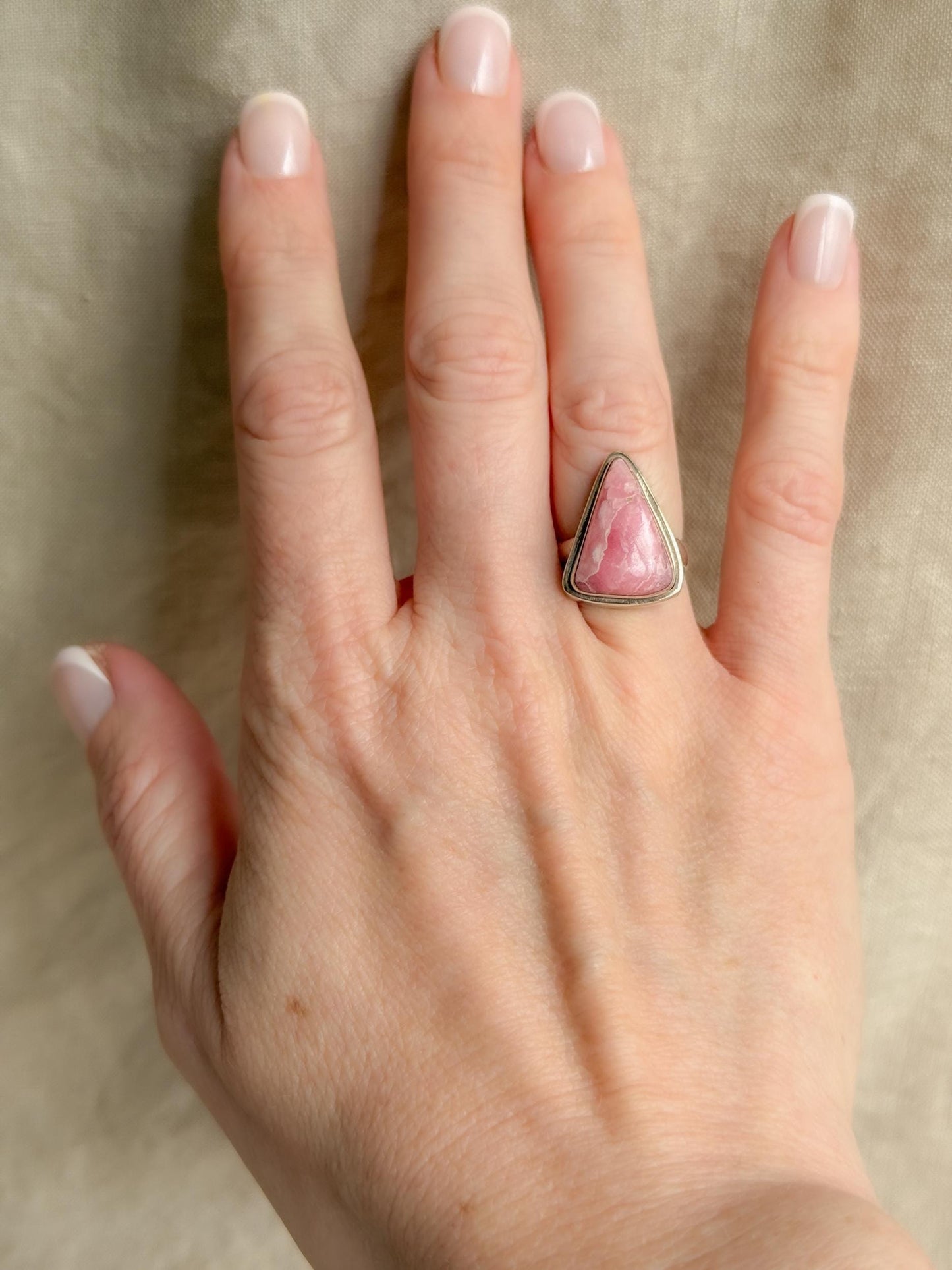 Vintage Rhodochrosite Sterling Silver Ring, Pink Triangle Statement Boho Jewelry