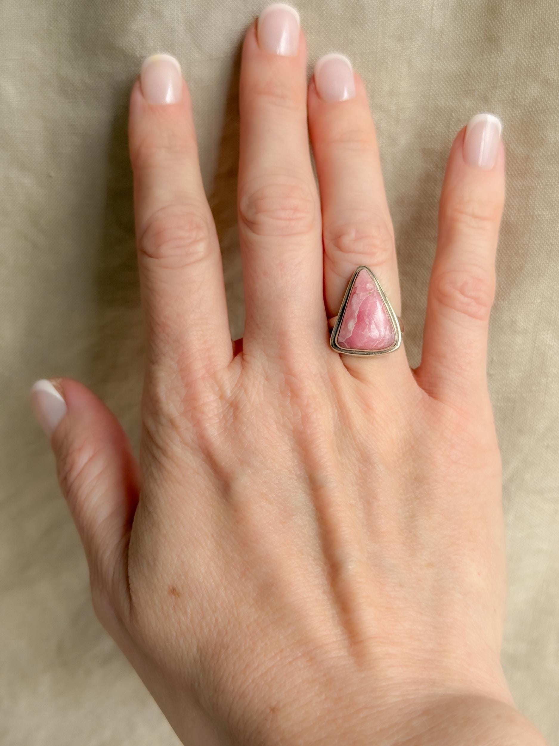 Vintage Rhodochrosite Sterling Silver Ring, Pink Triangle Statement Boho Jewelry
