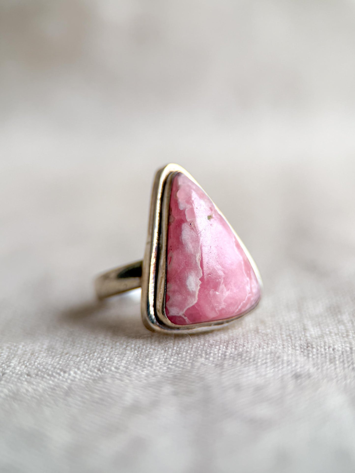 Vintage Rhodochrosite Sterling Silver Ring, Pink Triangle Statement Boho Jewelry