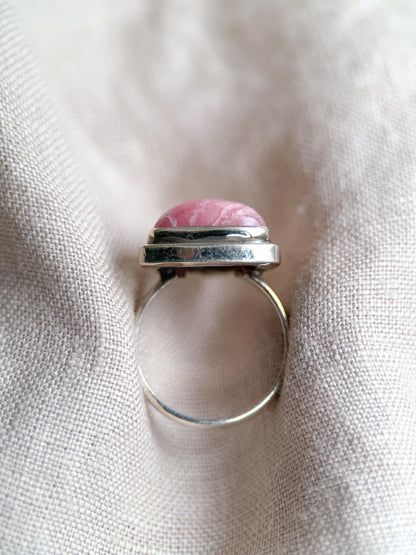 Vintage Rhodochrosite Sterling Silver Ring, Pink Triangle Statement Boho Jewelry
