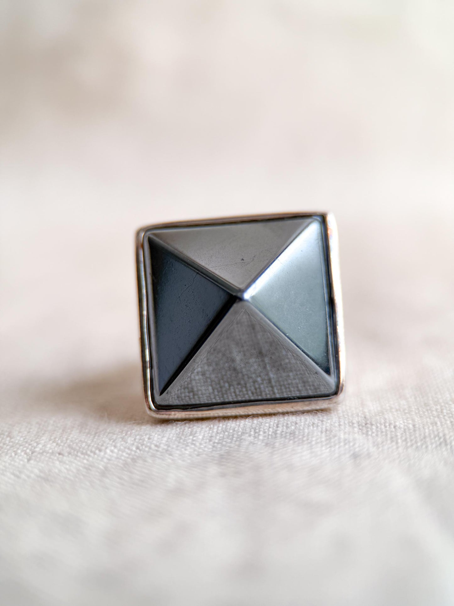Vintage Hematite Pyramid Ring, Sterling Silver Boho Statement Jewelry