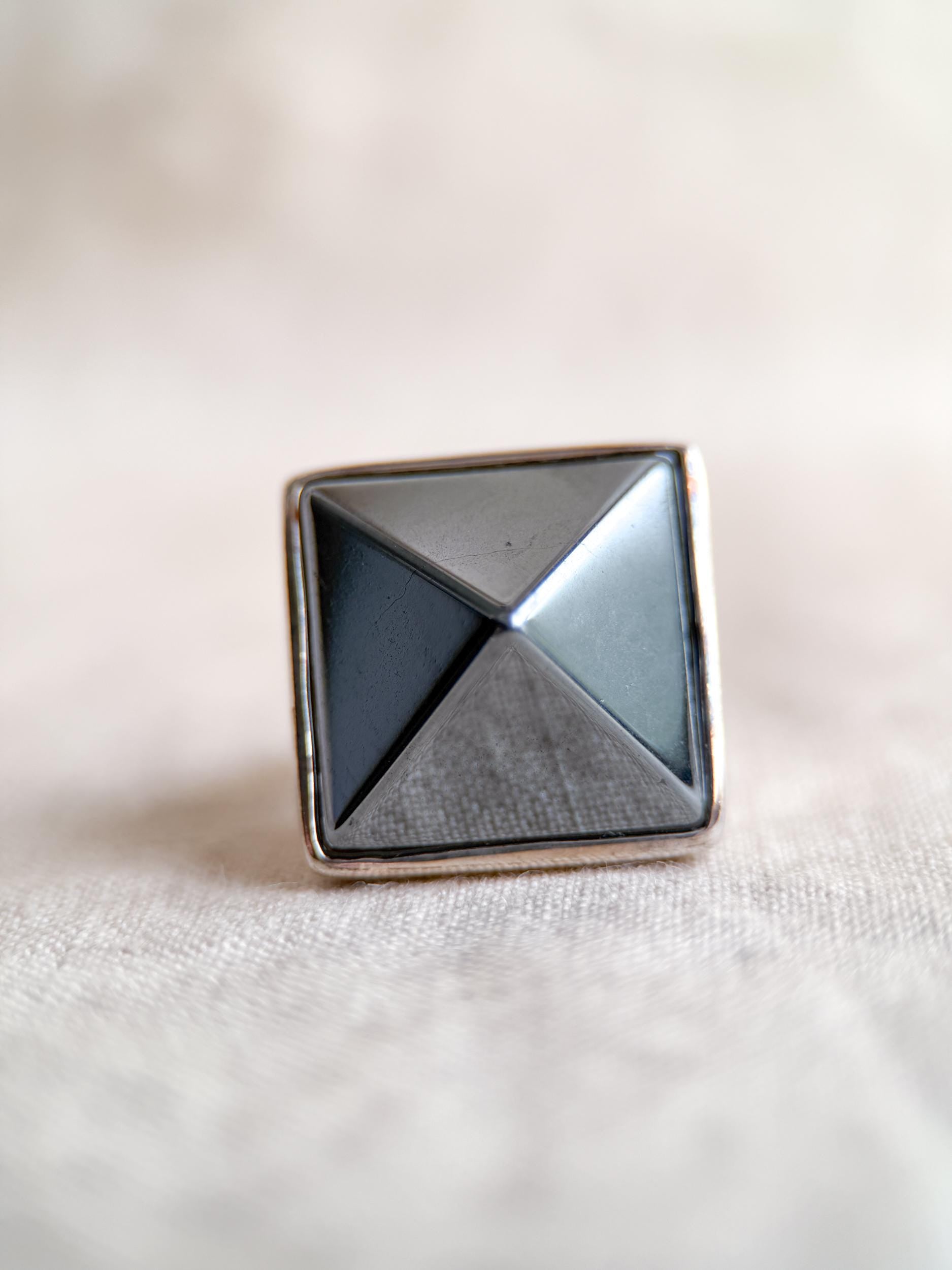 Vintage Hematite Pyramid Ring, Sterling Silver Boho Statement Jewelry