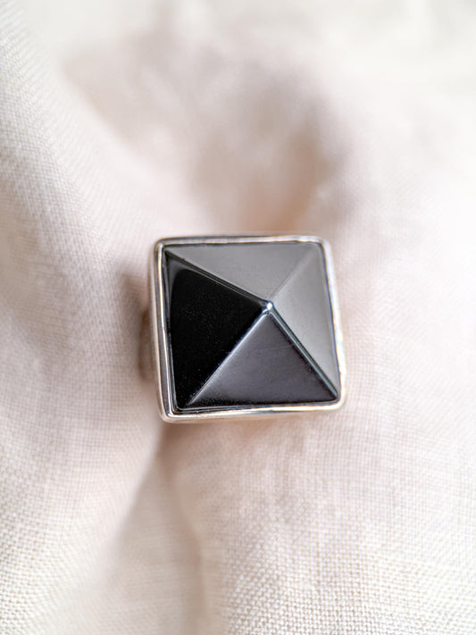 Vintage Hematite Pyramid Ring, Sterling Silver Boho Statement Jewelry