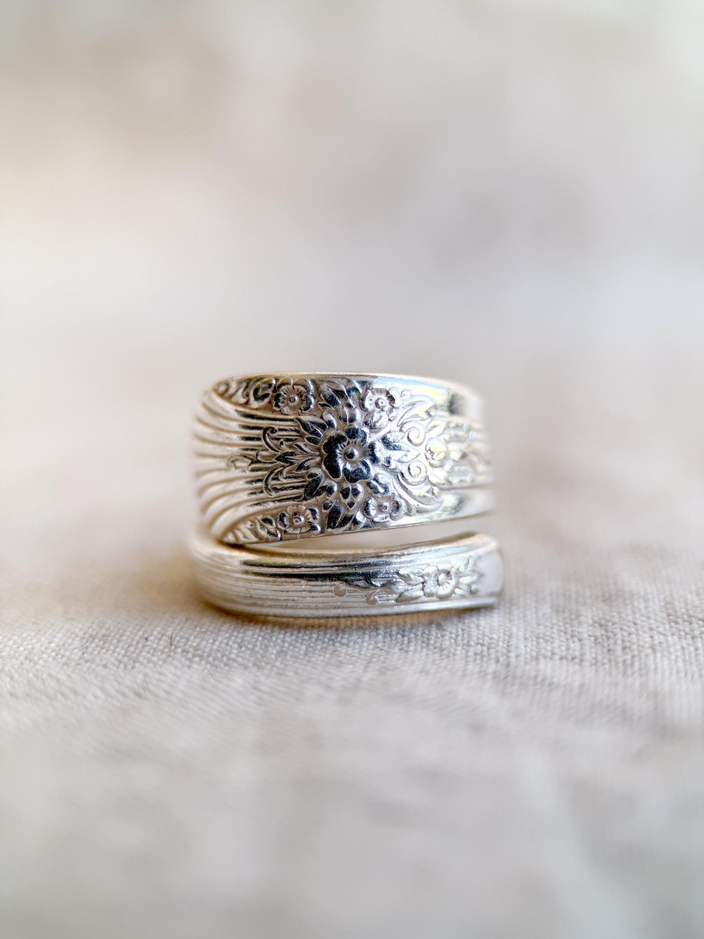 Vintage Sterling Silver Floral Spoon Ring, Statement Jewelry US 9