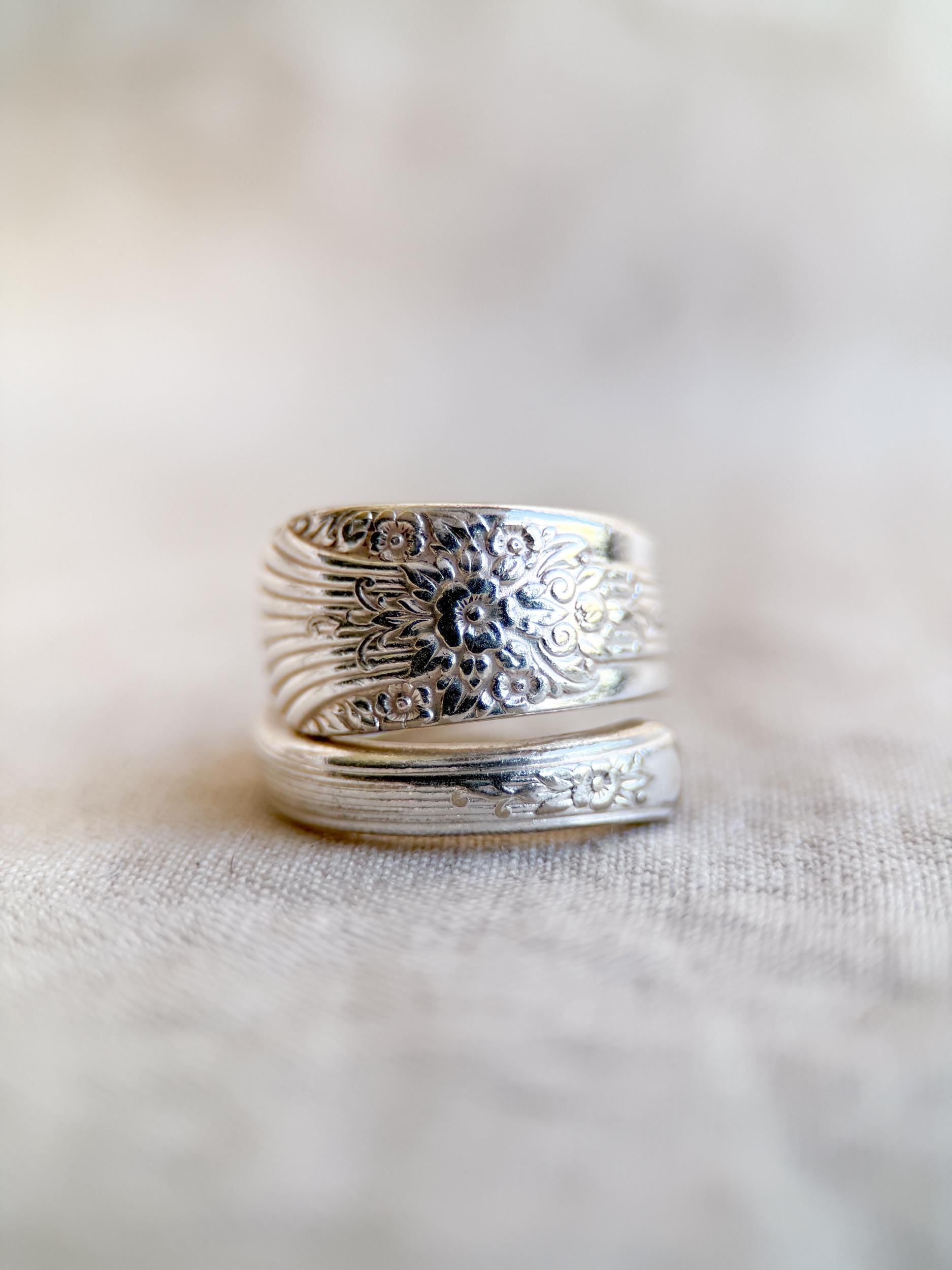 Vintage Sterling Silver Floral Spoon Ring, Statement Jewelry US 9