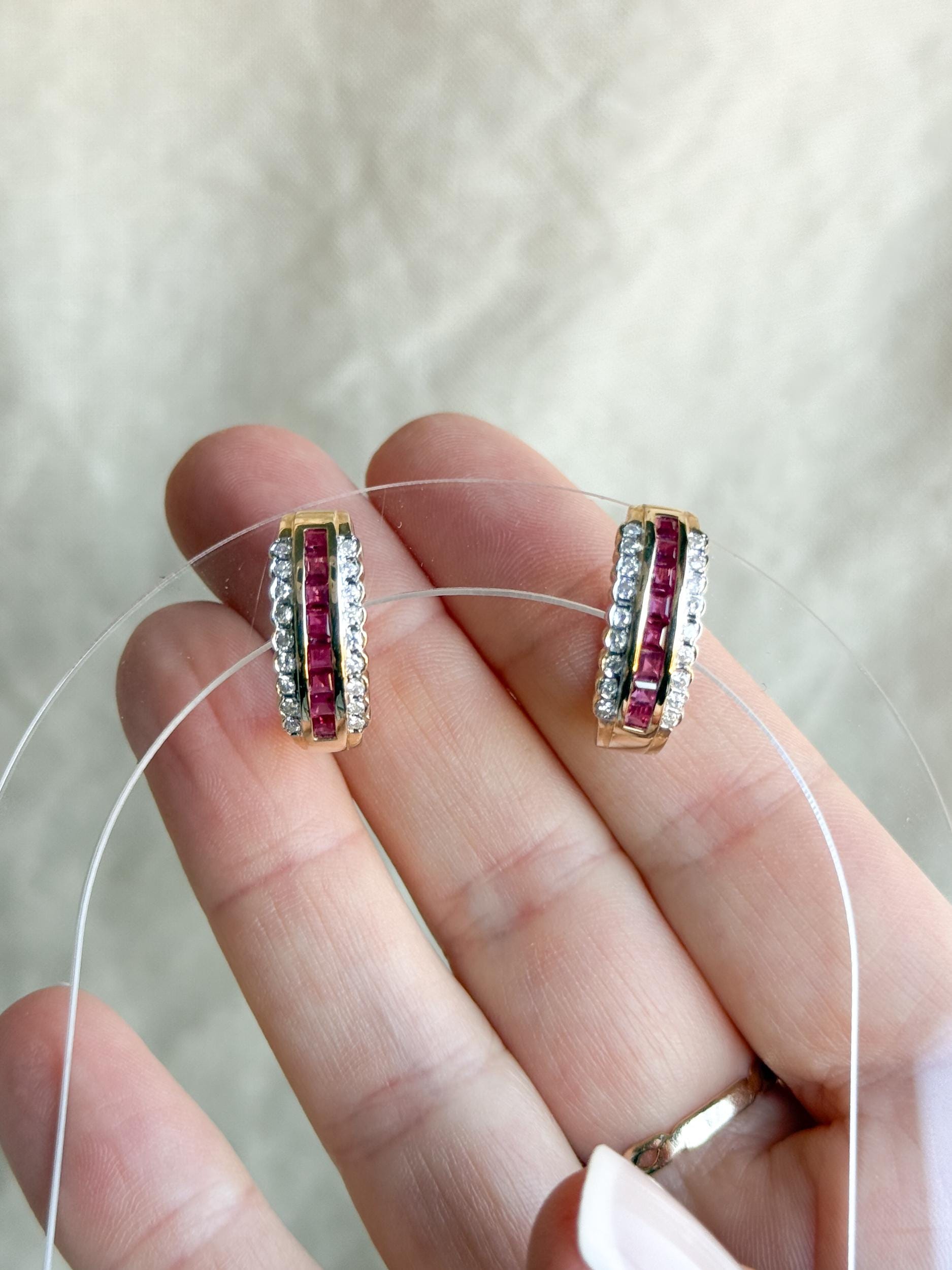 Vintage Ruby and Diamond Hoop Earrings, 14k Gold, Hinged Closure, Gift for Her