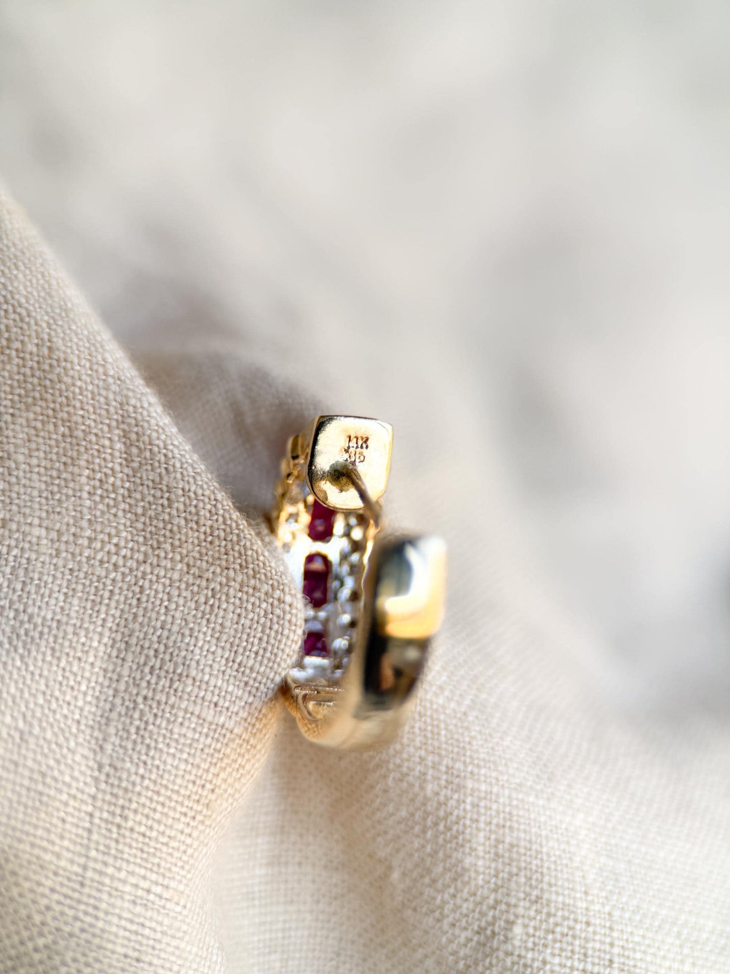 Vintage Ruby and Diamond Hoop Earrings, 14k Gold, Hinged Closure, Gift for Her