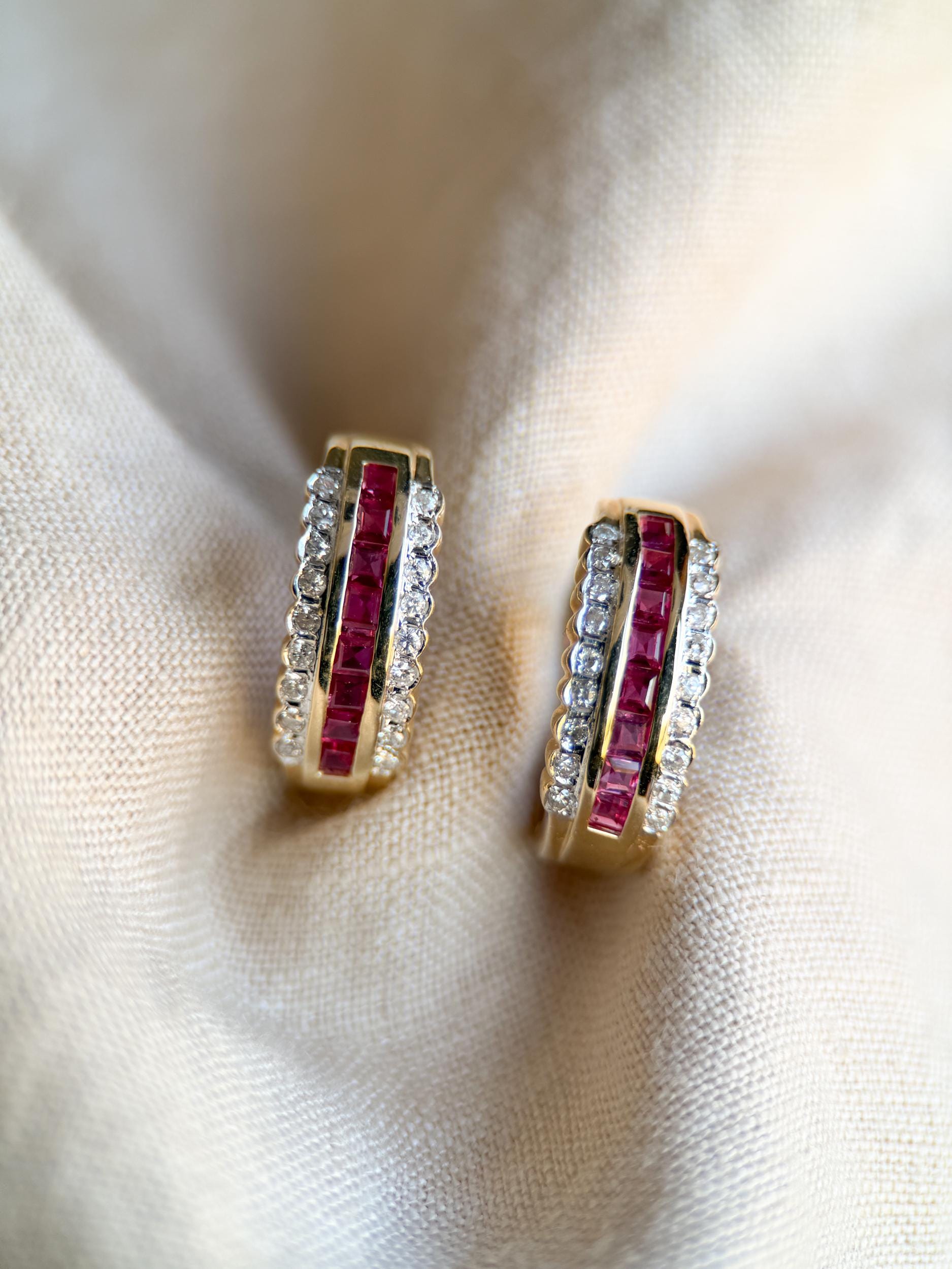Vintage Ruby and Diamond Hoop Earrings, 14k Gold, Hinged Closure, Gift for Her
