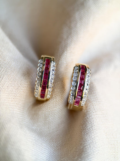 Vintage Ruby and Diamond Hoop Earrings, 14k Gold, Hinged Closure, Gift for Her
